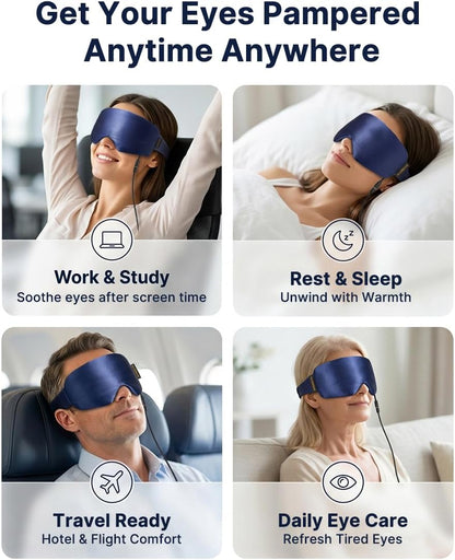 Heated Eye Mask for Dry Eyes, USB Powered Silk Warm Eye Compress & Eye Heating Pad, Washable Dry Eye Mask with 3 Heat & 4 Timer Settings for Blepharitis Stye Migraine Sinus MGD Puffiness（Blue）