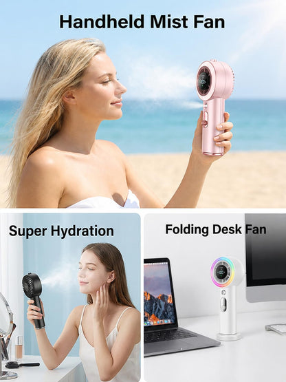 Portable Fan with Mist, Handheld Fan, 1-199 Speed, AC-Level Ice Cooling