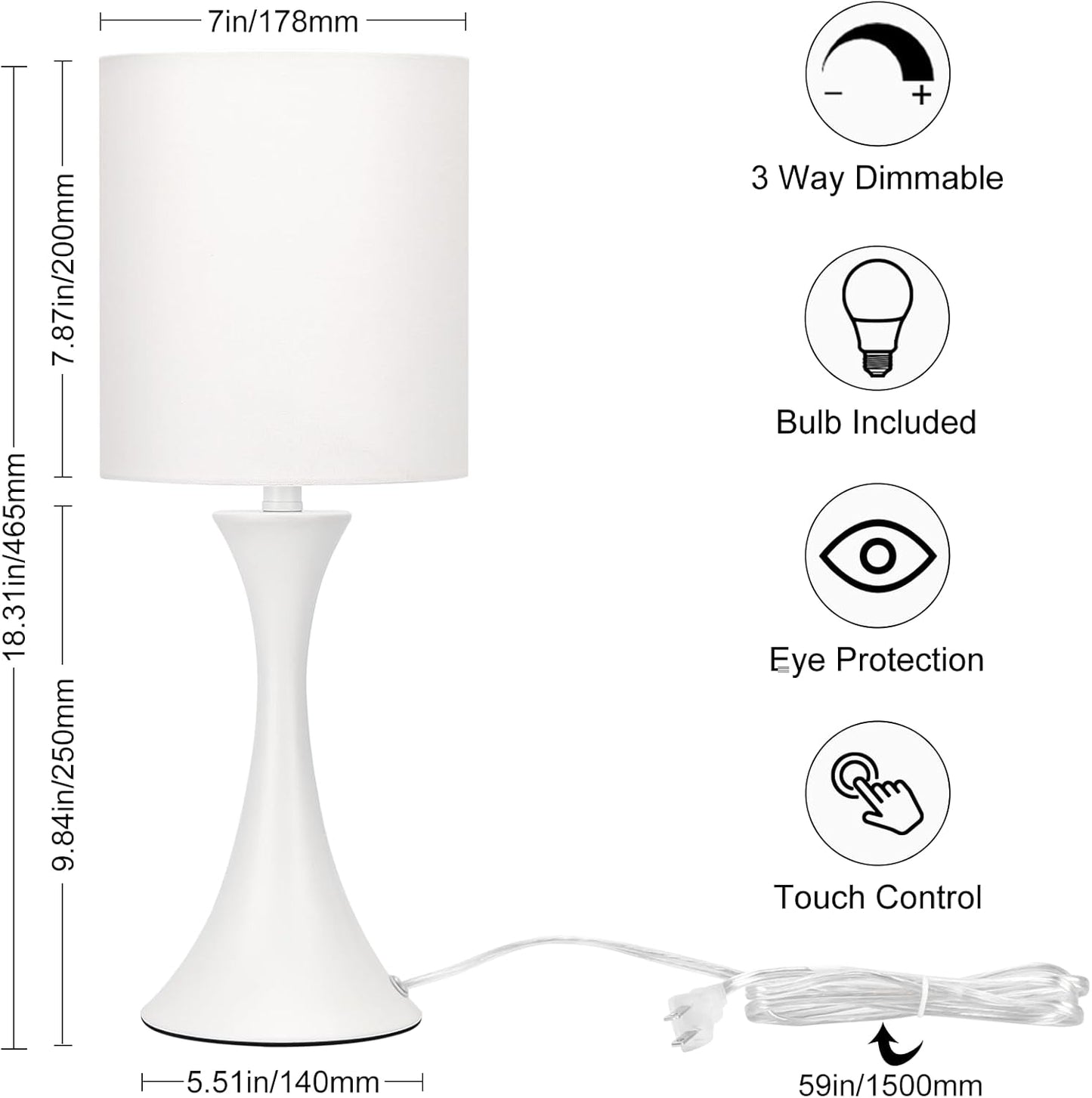 3 Way Touch Control Table Lamp, Dimmable Bedside Desk Lamp with Metal Base Modern Nightstand Lamp Stylish Grey Shade Simple Side Table Lamp for Bedroom, Living Room, Office or Den LED Bulb Included