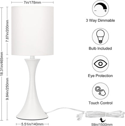 3 Way Touch Control Table Lamp, Dimmable Bedside Desk Lamp with Metal Base Modern Nightstand Lamp Stylish Grey Shade Simple Side Table Lamp for Bedroom, Living Room, Office or Den LED Bulb Included
