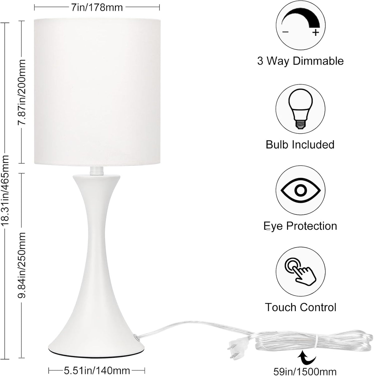3 Way Touch Control Table Lamp, Dimmable Bedside Desk Lamp with Metal Base Modern Nightstand Lamp Stylish Grey Shade Simple Side Table Lamp for Bedroom, Living Room, Office or Den LED Bulb Included