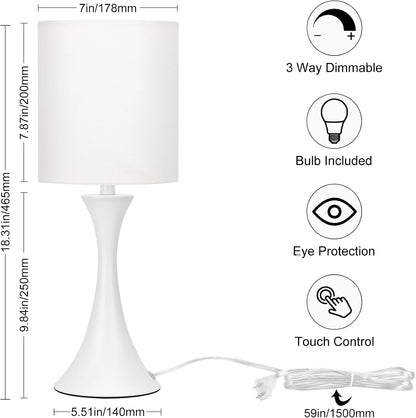 3 Way Touch Control Table Lamp, Dimmable Bedside Desk Lamp with Metal Base Modern Nightstand Lamp Stylish Grey Shade Simple Side Table Lamp for Bedroom, Living Room, Office or Den LED Bulb Included