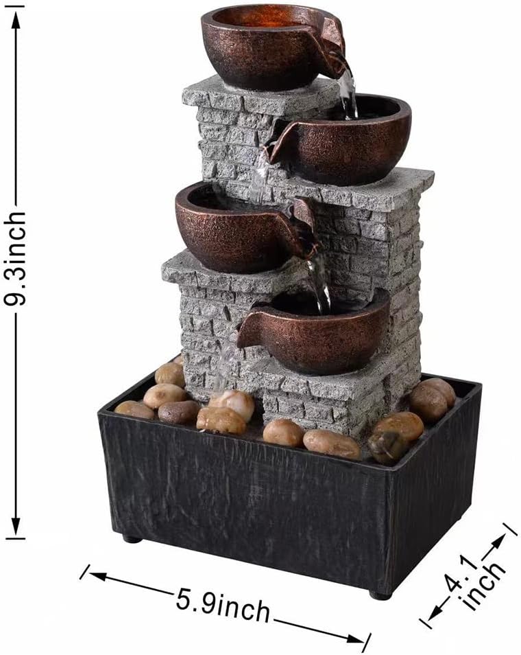 Kalona Indoor Tabletop Water Fountain – 3-Tier Resin Waterfall with LED Lights, Mini Bonsai Planter & Cascading Water Flow – Soothing Desk Fountain for Home, Office, Meditation Decor(22024)