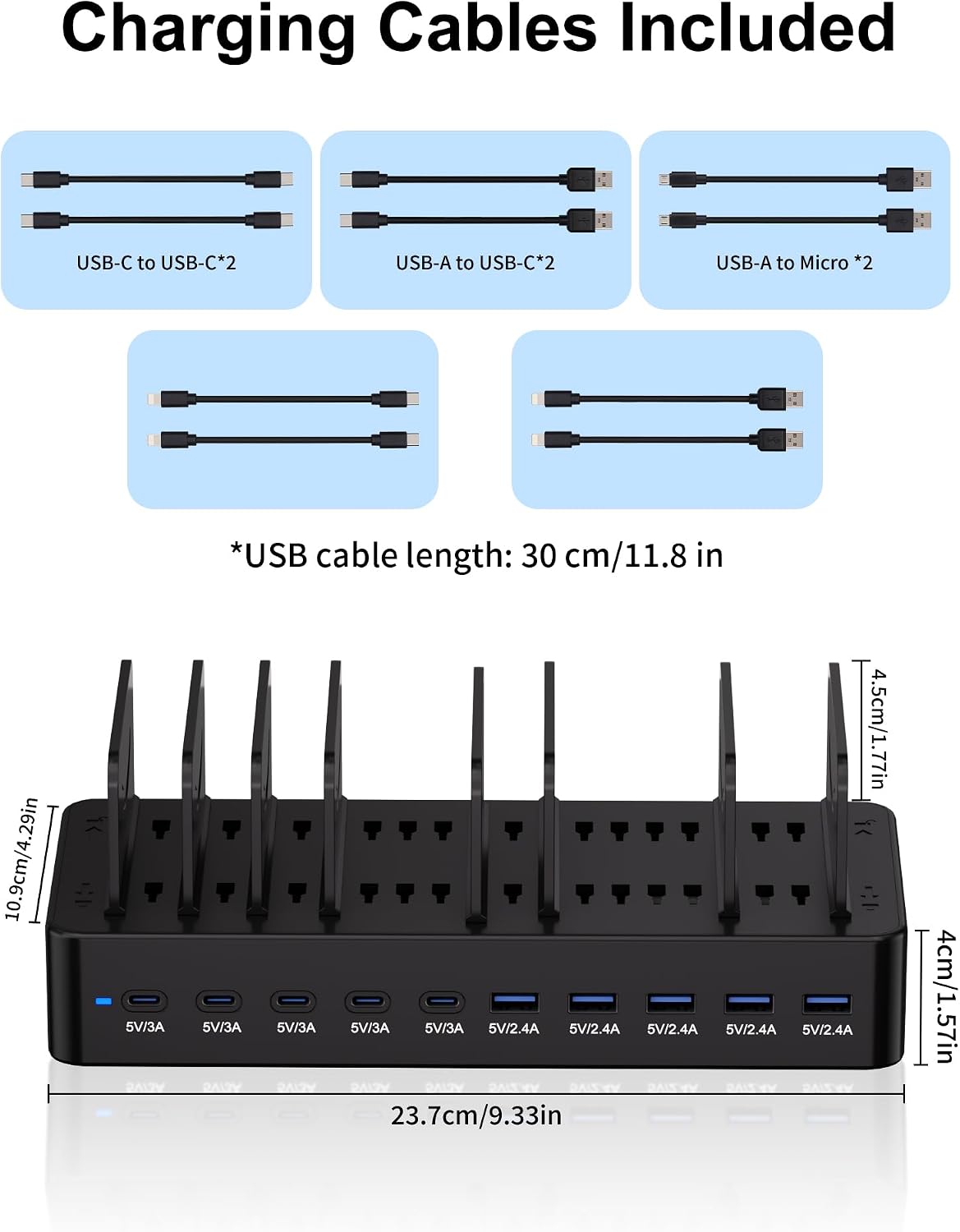 100W Charging Station for Multiple Devices, 10-Port USB Fast Charger, Black