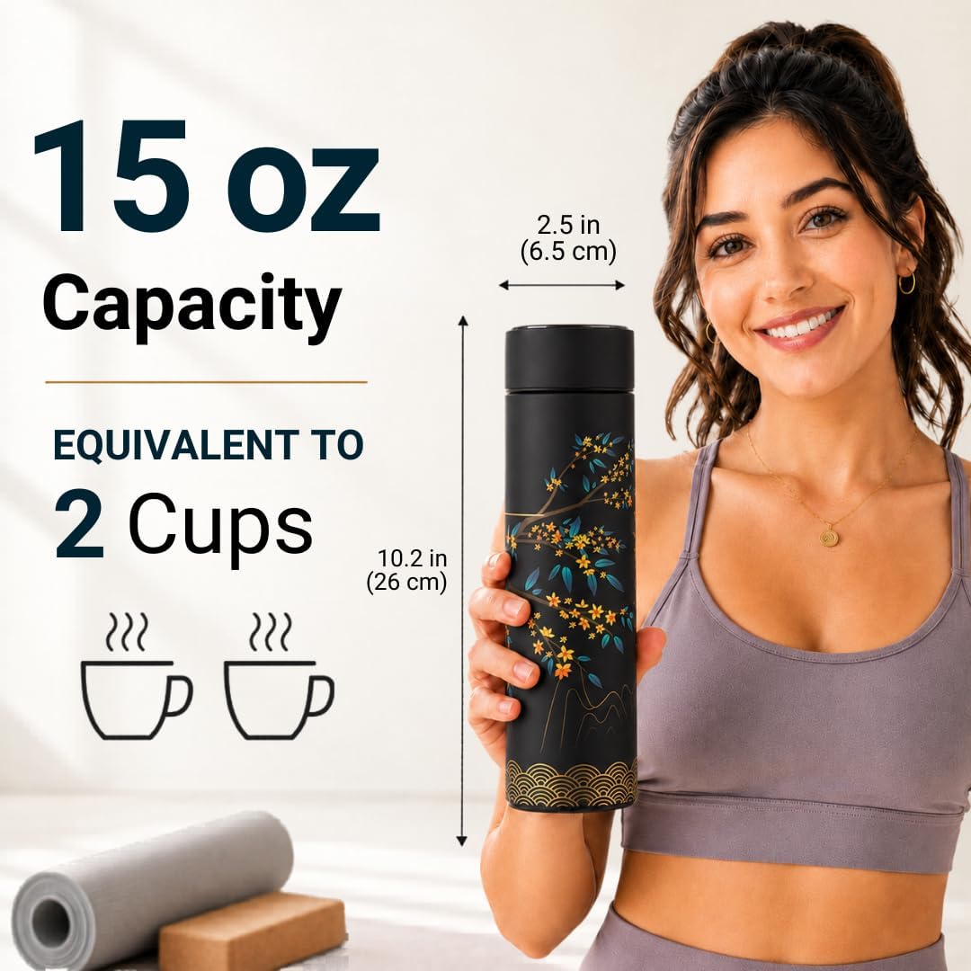 Farasi Tea Infuser for Loose Leaf Tea Smart Water Bottle with Fahrenheit Temperature Display, Stainless Steel Insulated Coffee and Fruit Tea Infuser Bottle - Floral Travel Tea Mugs 15 oz (Black)