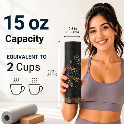 Farasi Tea Infuser for Loose Leaf Tea Smart Water Bottle with Fahrenheit Temperature Display, Stainless Steel Insulated Coffee and Fruit Tea Infuser Bottle - Floral Travel Tea Mugs 15 oz (Black)