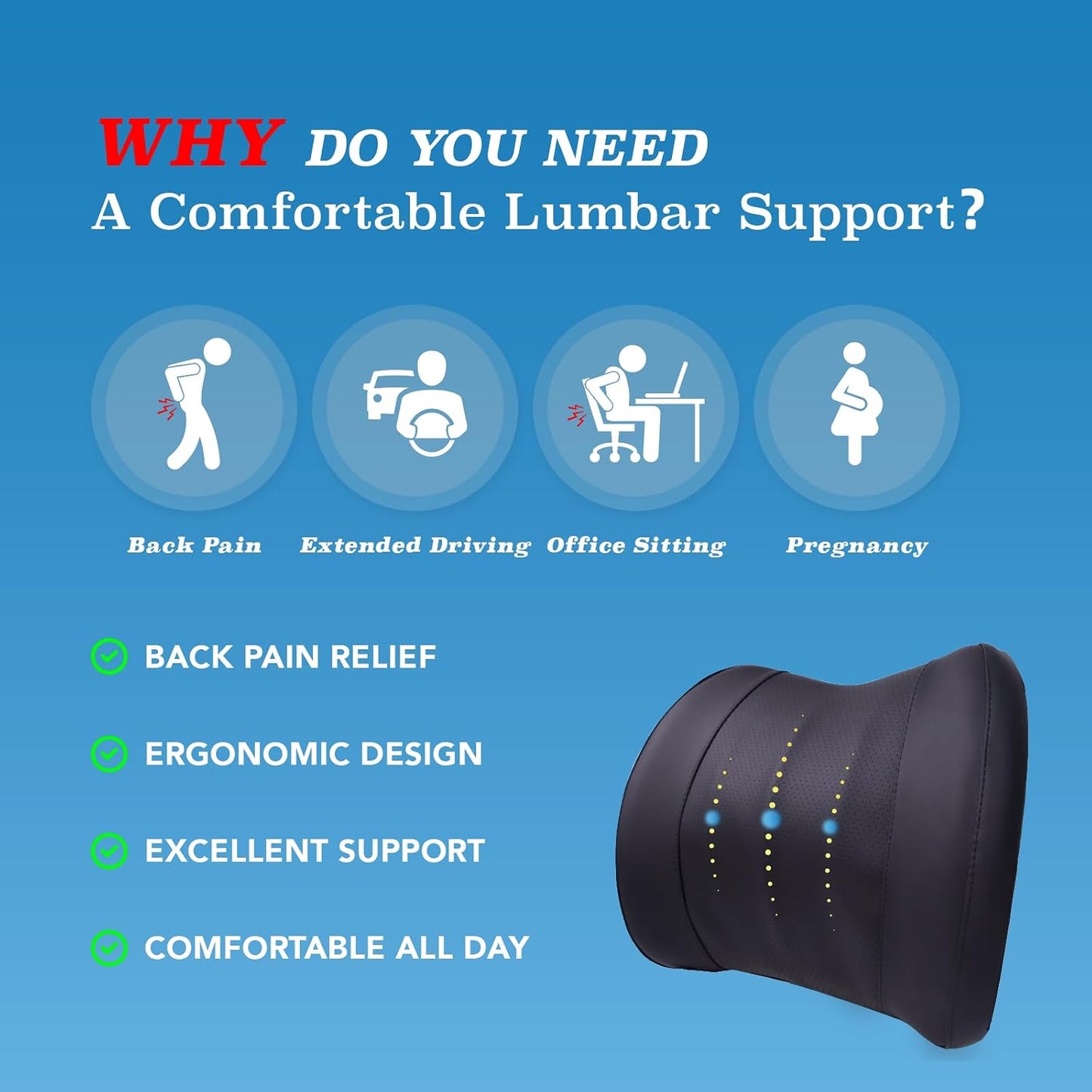 Lofty Aim Lumbar Support Pillow for Car, Car Seat Back Support for Driving | Memory Foam Car Lumbar Support for Driving Seat, Car Back Cushion, Adjustable Straps, Lower Back Pillow, Office Chairs, Black