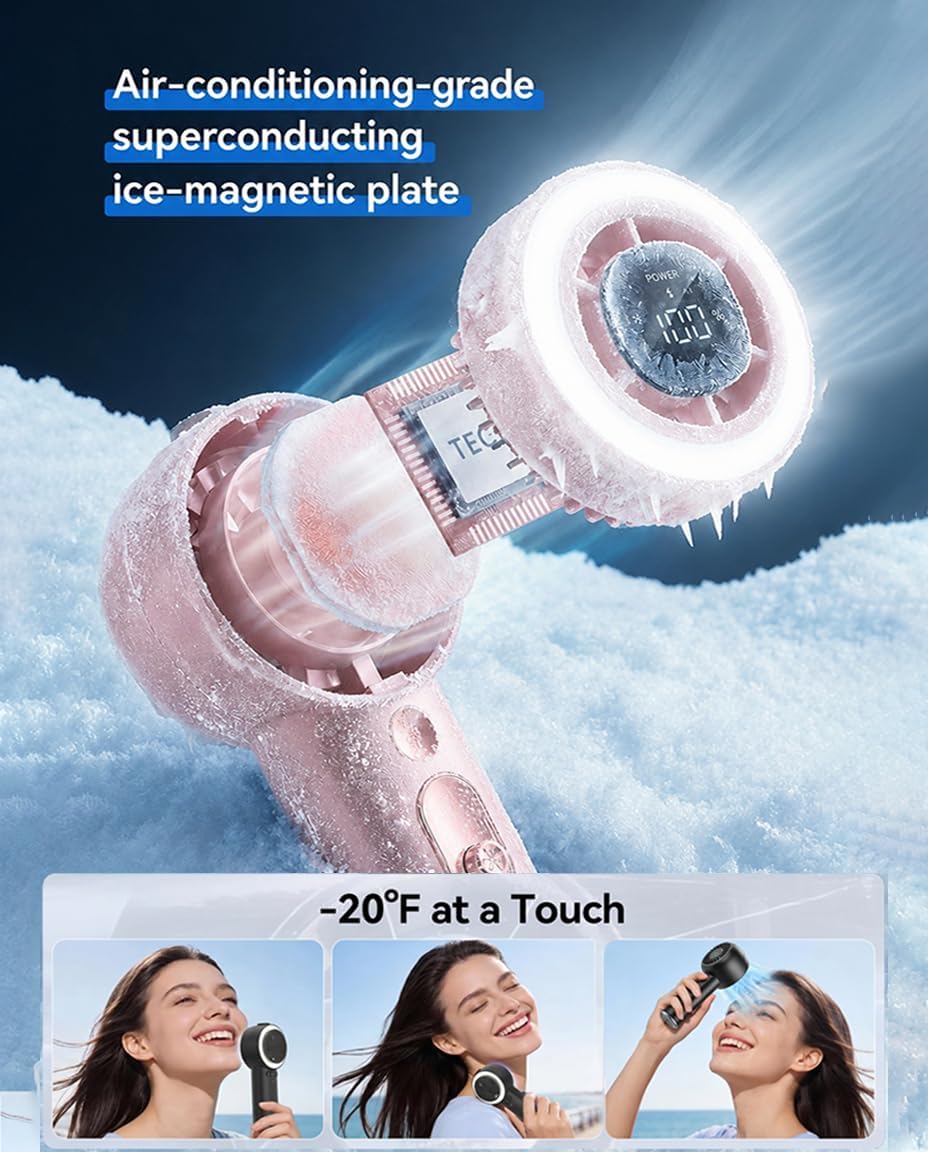 Portable Fan with Mist, Handheld Fan, 1-199 Speed, AC-Level Ice Cooling