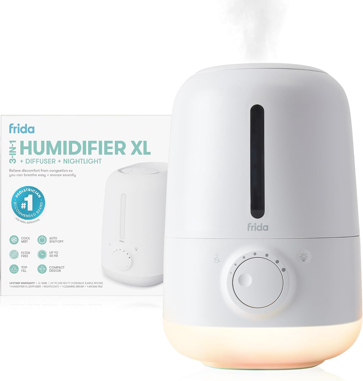 Frida Baby 3-in-1 Cool Mist Humidifier for Large Rooms, Top Fill Humidifier for Bedroom, Allergy Relief, 60 Hour Runtime + Nightlight, Auto Shut-Off, Quiet, Carry Handle, Essential Oil Diffuser