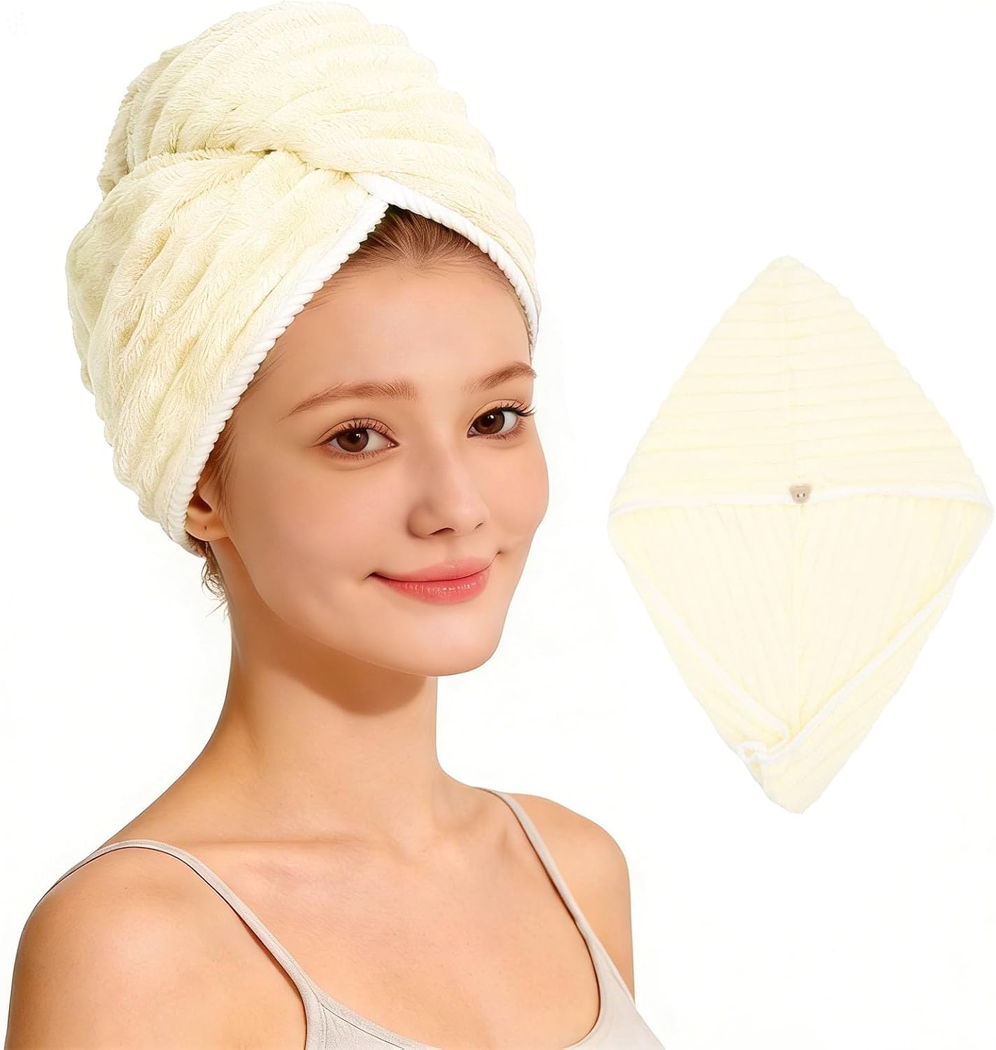 Microfiber Hair Towel Wrap for Women, Soft Lightweight Quick Dry Turban, Drying Hair Towels for Women, Hair Drying Towel for Curly & Long Hair - Yellowish-white (Note: This model is ultra-slim.)