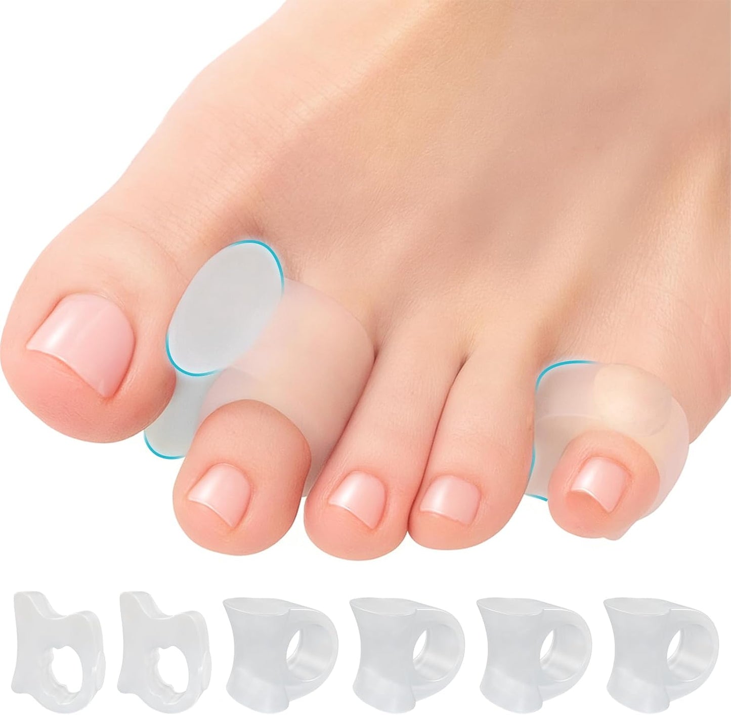 5 STARS UNITED Big Toe Spacers for Men & Women – 4 Gel Separators for Overlapping & Curled Toes, Bunions, Alignment - Diabetic Foot Care, Silicone Spreader, Corrector & Straightener, Clear
