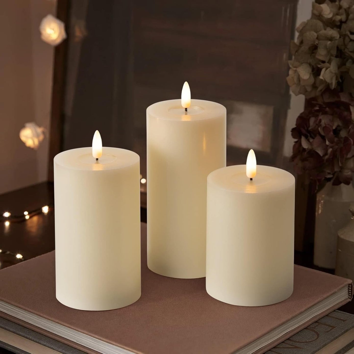 ANGELLOONG Flickering Flameless Candles, Realistic Battery Operated Candles with Remote and Timer, Set of 3 LED Candles for Fall Room Home Wedding Decor Centerpieces Table Party Christmas Decorations