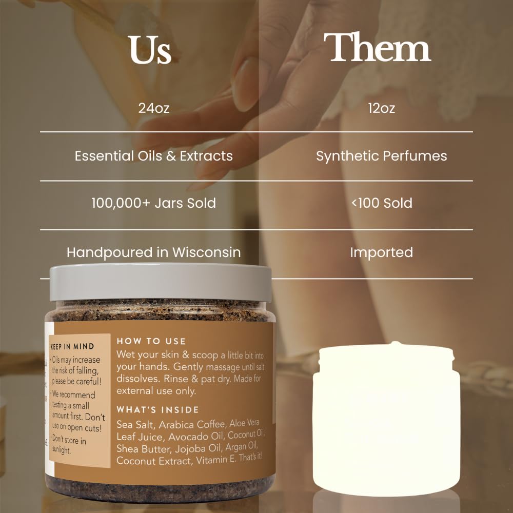Bare Botanics Coconut Vanilla Body Scrub 24oz | Made in Madison, WI | All Natural Sea Salt Exfoliator w/ Skin Loving Moisturizers | Vegan & Cruelty Free | Gift Ready Packaging w/ a Cute Wooden Spoon