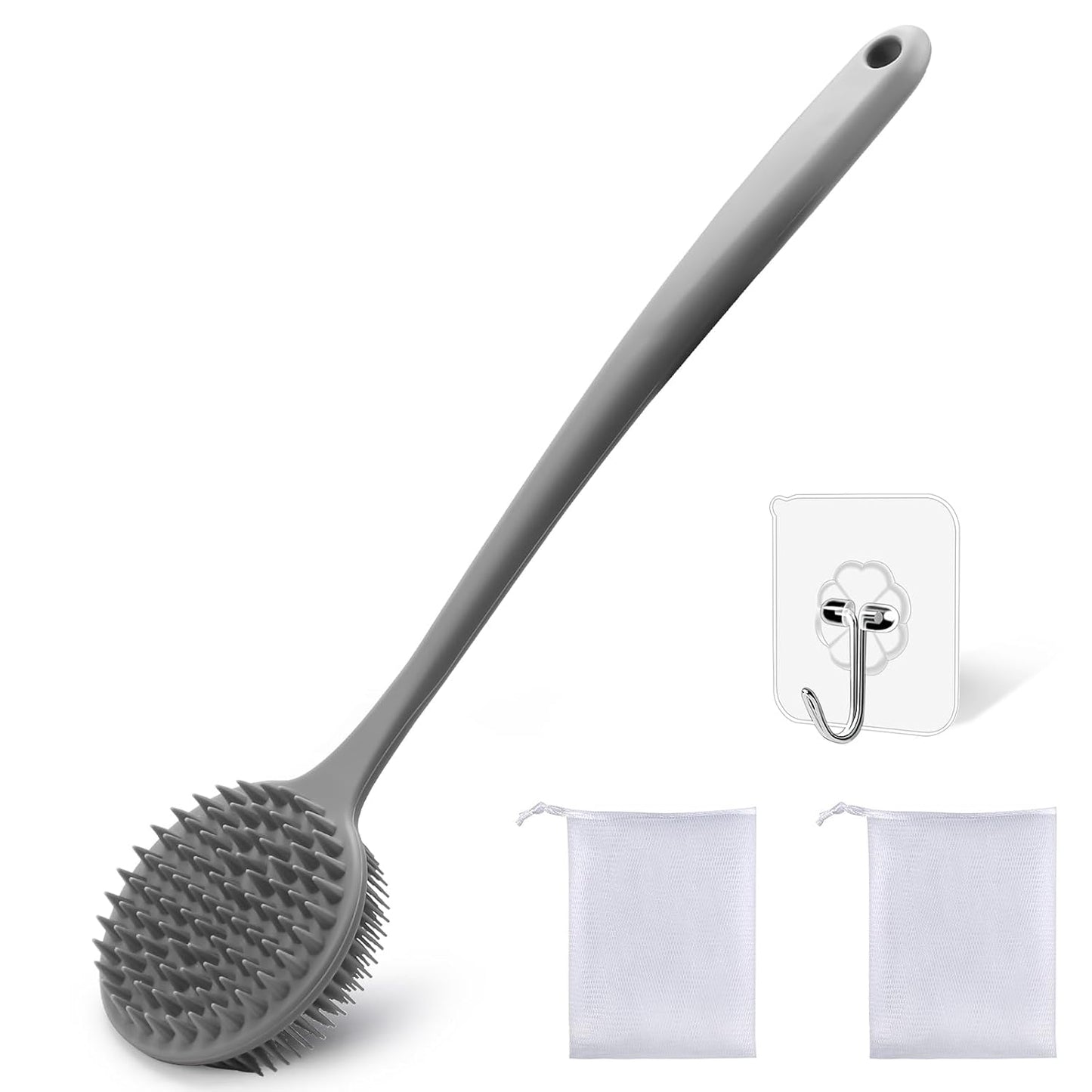 Silicone Body Scrubber for Shower Men Women – Dual-Sided Exfoliating & Massage Shower Brush with Long Handle, Creates Rich Lather, Includes 1 Hook & 2 Lather Balls (Black).