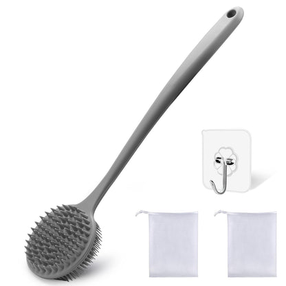 Silicone Body Scrubber for Shower Men Women – Dual-Sided Exfoliating & Massage Shower Brush with Long Handle, Creates Rich Lather, Includes 1 Hook & 2 Lather Balls (Black).