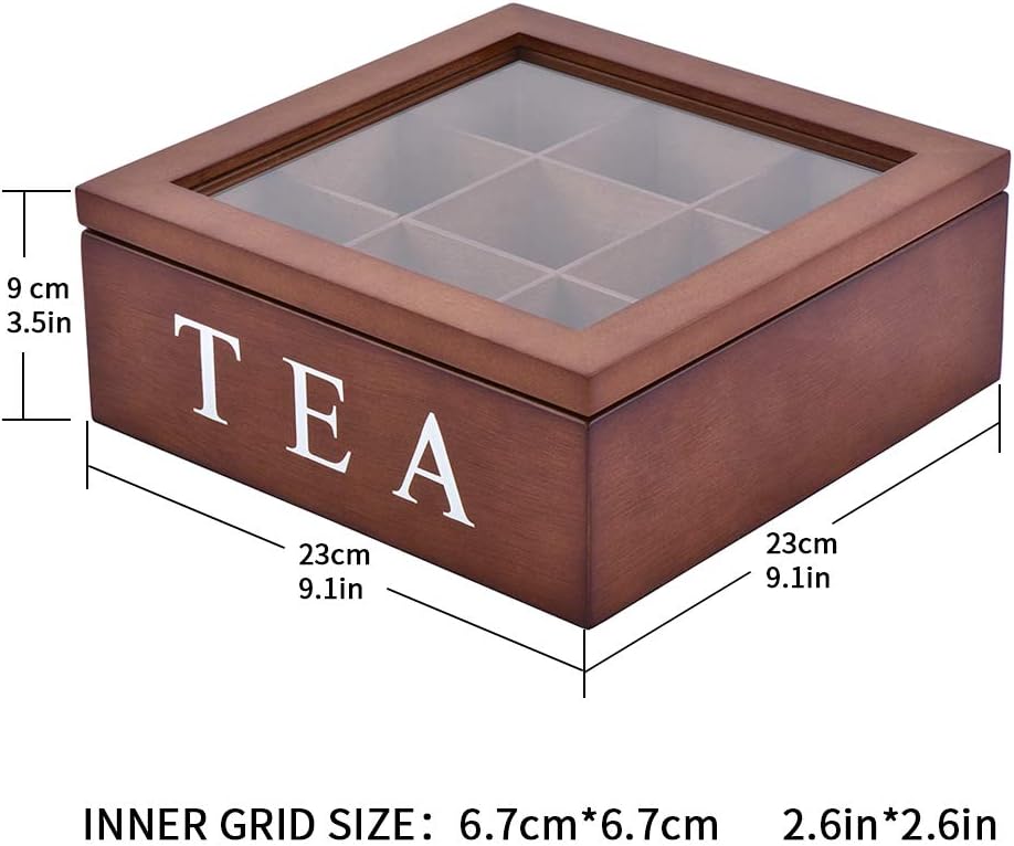 Wood Tea Storage Box, Teabag Storing 9 Compartments Wooden Tea Box Hinged Glass Lid Tea Organizer-Black