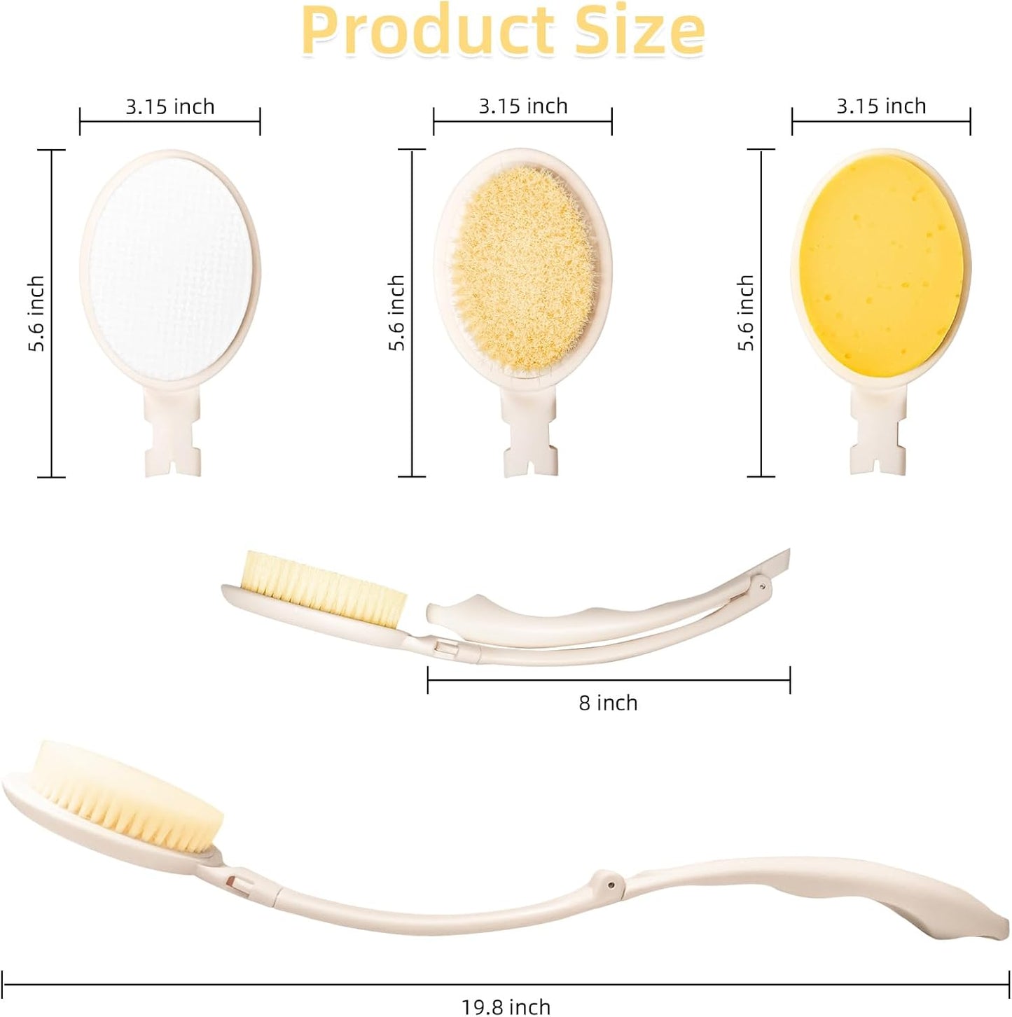 LFJ 19" Long Handle Shower Sponge Brush Set, 3 in 1 Body Brush, Bath Sponge and Lotion Applicator Improved Skin Health, Suitable for Men and Women (White Brush-1P)