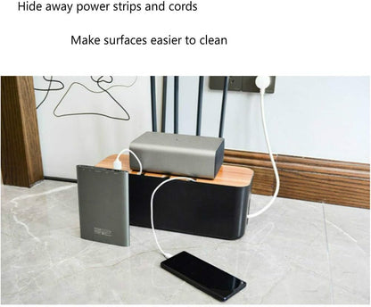 Cable Management Box with Bamboo Lid, Small Power Strip Organizer, Black
