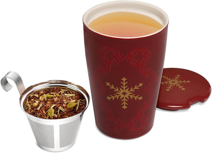 Tea Forte Double-Walled Ceramic Kati Cup, Removable Stainless Steel Infuser Basket and Lid, Steeps 12 oz Loose Leaf Tea, Dishwasher & Microwave Safe, Cherry Blossom