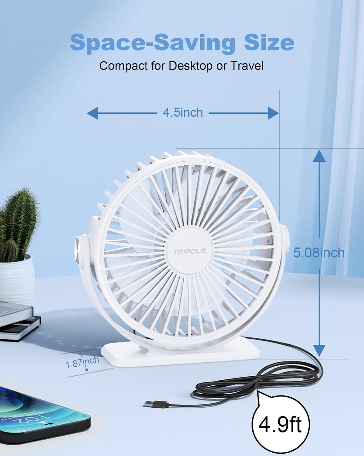 TriPole Desk Fan USB Powered Small Portable Fan, 3 Speeds Adjustable Strong Breeze Mini Personal Fans, 360° Rotation Quiet Plug In USB Fans for Desktop Bedroom Office Table Travel, Black, 4.9ft Cable