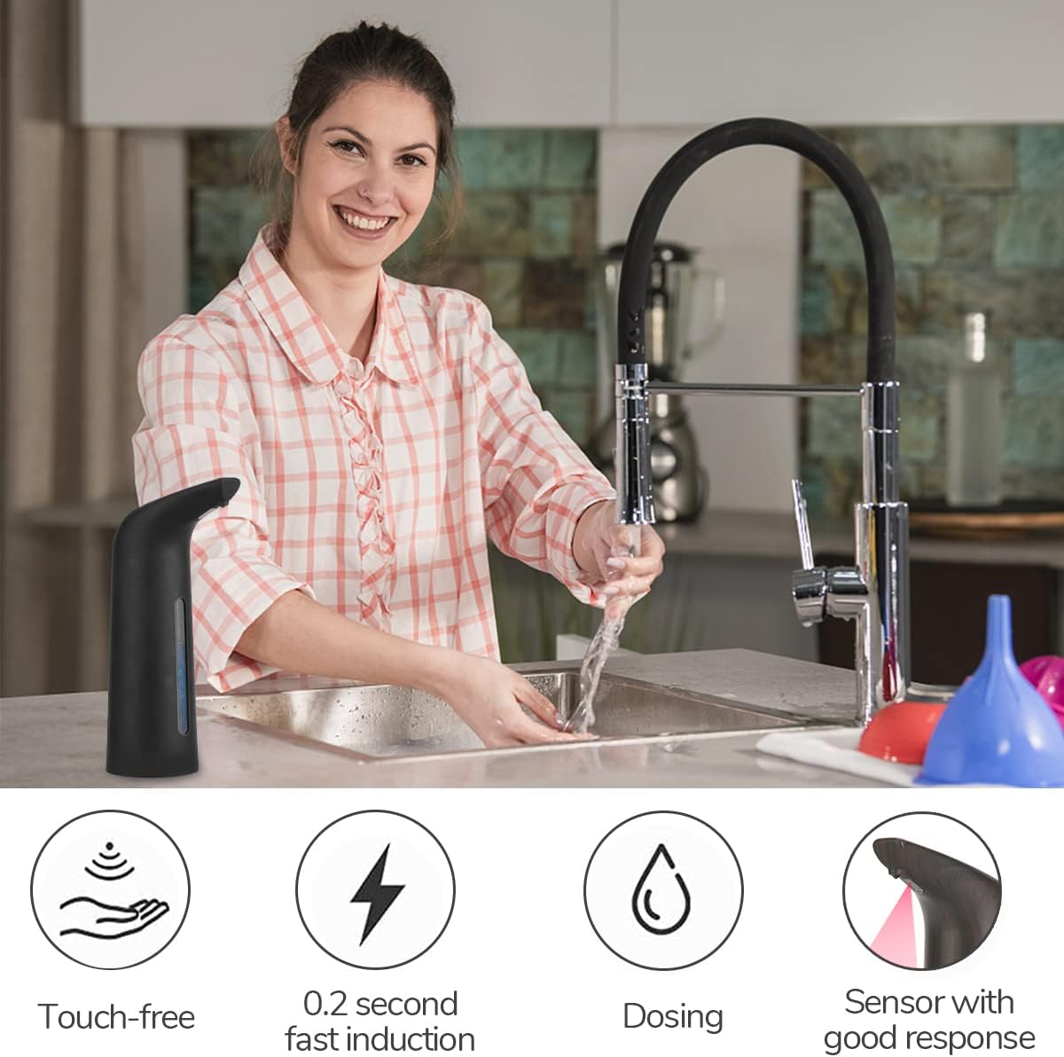 Automatic Soap Dispenser Touchless,400ml Touchless Liquid Soap Dispenser,Hands-Free Dish Soap Dispenser, IPX6 Waterproof Sensor, Auto Liquid Soap Dispenser for Bathroom Kitchen Hotel (Brown)