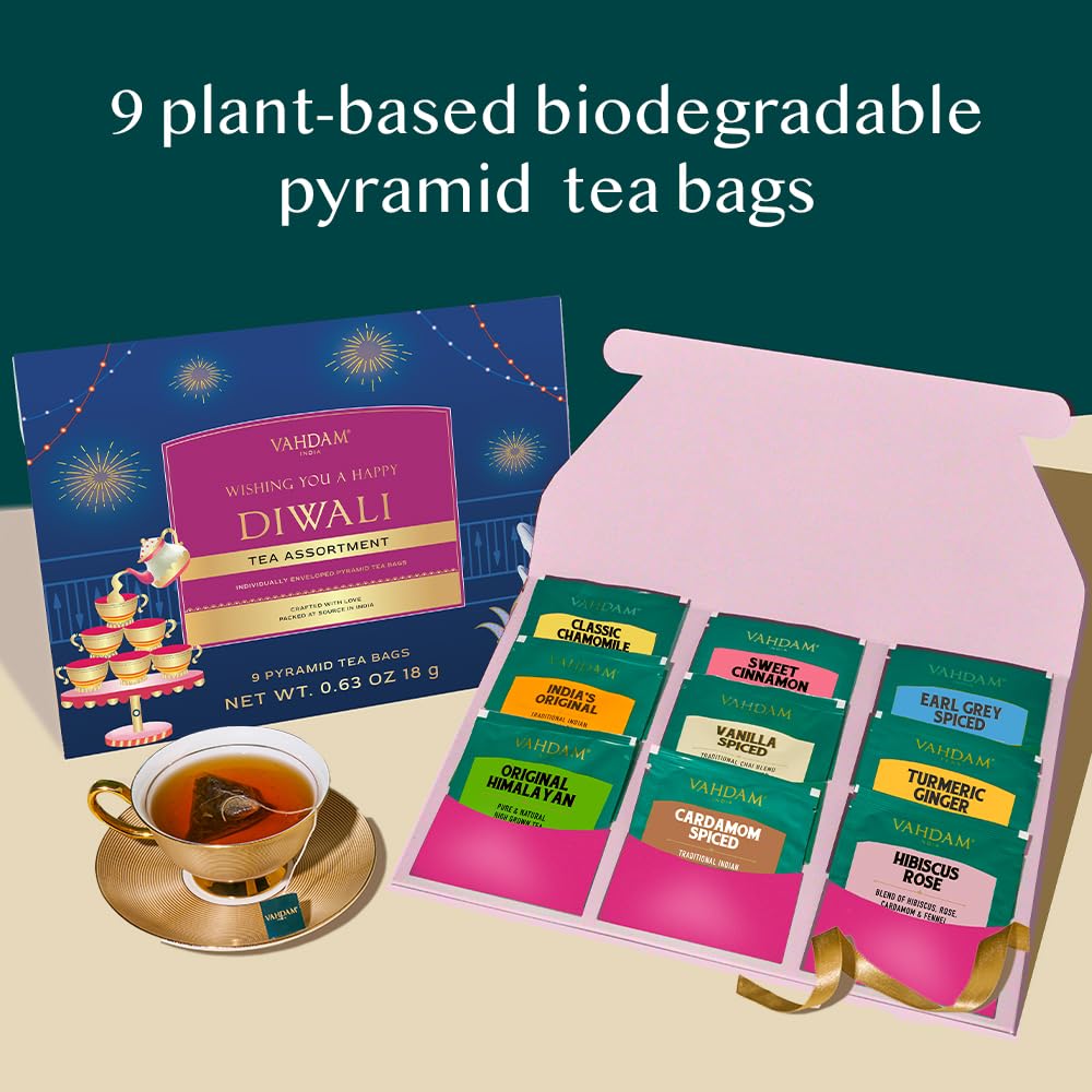 VAHDAM LIMITED EDITION - Happy Diwali Gift Set (9 Unique Pyramid Teabags)