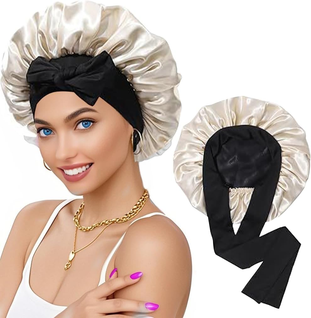 Silk Bonnet for Sleeping, Women Double Layer Satin Hair Bonnet with Elastic Tie Band Sleep Cap for Curly Hair
