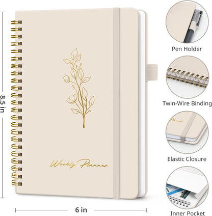 Taja Undated Weekly Planner, Weekly To Do List Notebook with Goal & Habit Tracker Organizer, A5 Weekly Planner Notebook with Spiral Binding, 6.1" x 8.2" - Green
