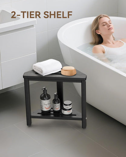 Shower Foot Rest 15in, HDPE Waterproof Shower Stool for Inside Shower, Corner Shower Stool for Shaving Legs with Storage Shelf for Small Space, Shower Step Stool, Plastic Corner Shower Bench, White