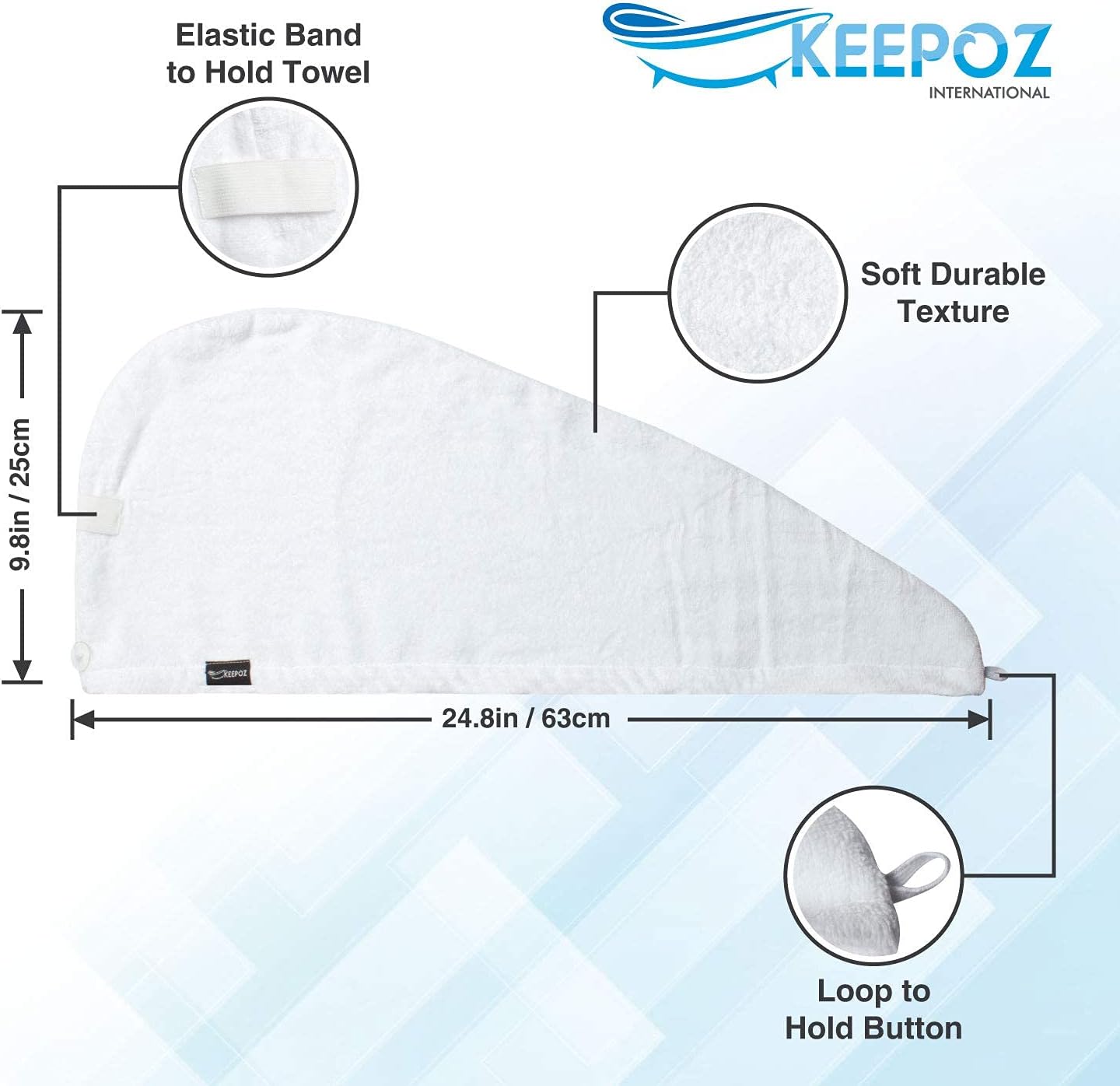 KEEPOZ 100% Cotton Hair Towel Wrap Quick Dry Super Absorbent Turban Head Wrap for Women with Button, Anti Frizz, Hair Cap for Curly, Long & Thick Hair (White, 1 Pc)