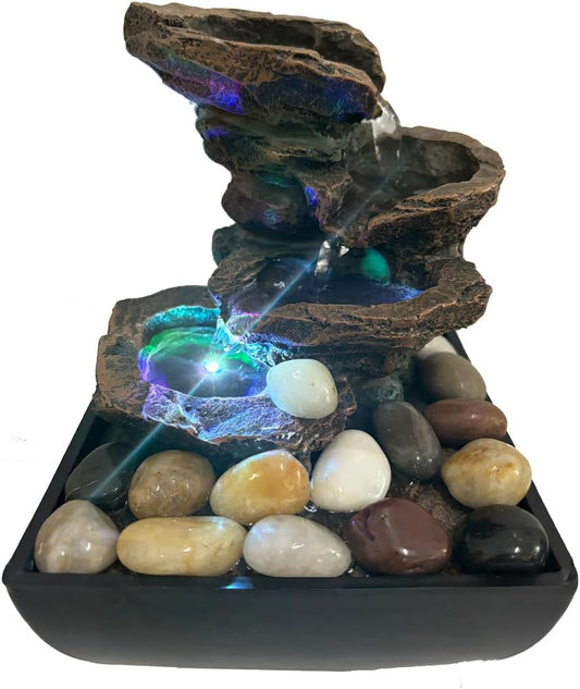4 Level Small Waterfall Fountain, Indoor Tabletop Fountain with LED Color Lighting, Relaxing Water Feature Meditation Fountain for Home Office Bedroom Decoration (A)