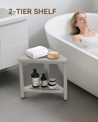 Shower Foot Rest 15in, HDPE Waterproof Shower Stool for Inside Shower, Corner Shower Stool for Shaving Legs with Storage Shelf for Small Space, Shower Step Stool, Plastic Corner Shower Bench, White