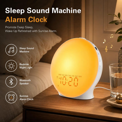 JALL Sunrise Alarm Clock White Noise Machine with 25 Nature Sleep Sounds, Fully Dimmable Clock for Bedrooms, Heavy Sleepers, 17 Light Modes, Bluetooth Speaker