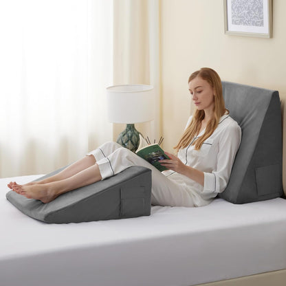 Bedluxe Wedge Pillow, 10 inch Bed Wedge Pillow for Headboard, Pillow Wedge for Acid Reflux Relief, Sleeping, Back Pain Relief, Snoring, Triangle Pillow Wedge, White/Grey