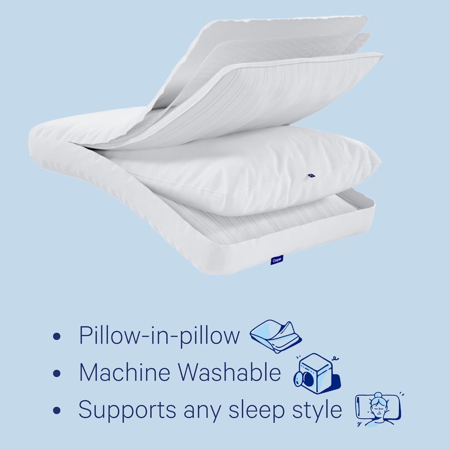 Casper Sleep Original Pillow, Standard Size – Medium Soft Feel, Down-Alternative Fill, Supports Side, Back & Stomach Sleepers, Neck Pain Relief, Machine Washable