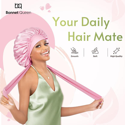 BONNET QUEEN Silk Bonnet for Sleeping for Women Satin Bonnet Night Cap for Curly Hair with Tie Band, Single Layer, Cream Pink