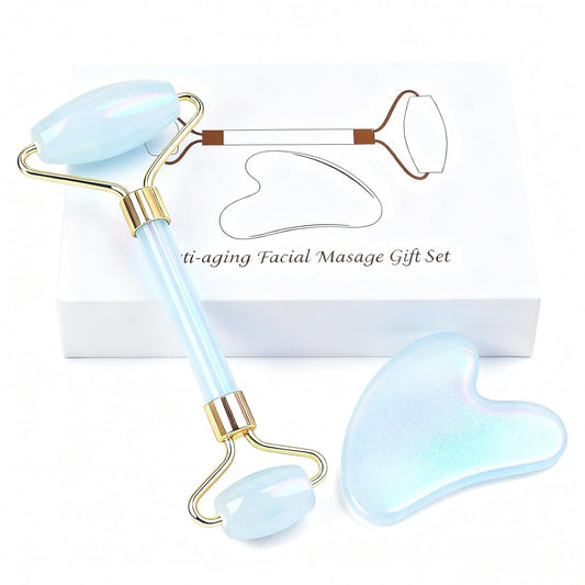 Jade roller and gua sha, facial roller, women's skincare tool, self-care gift, face, eye, neck massager, relieves fine lines and wrinkles, aventurine, opal, rose quartz