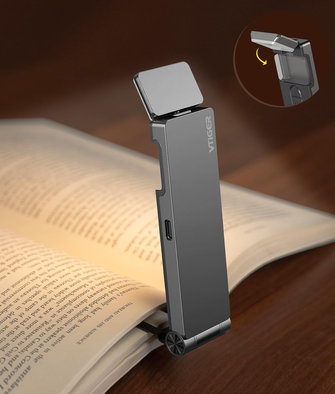 VTIGER Reading Light, USB Rechargeable Book Light for Reading in Bed,Foldable Clip-on LED Booklight, 3 Amber Colors & 4 Brightness Dimmable,Long Lasting Portable Bookmark Lamp for Book Lovers, Kids
