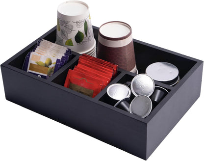 Tea Bag Box Black 6 Compartments Tea Organizer Storage Wood Drawer Station