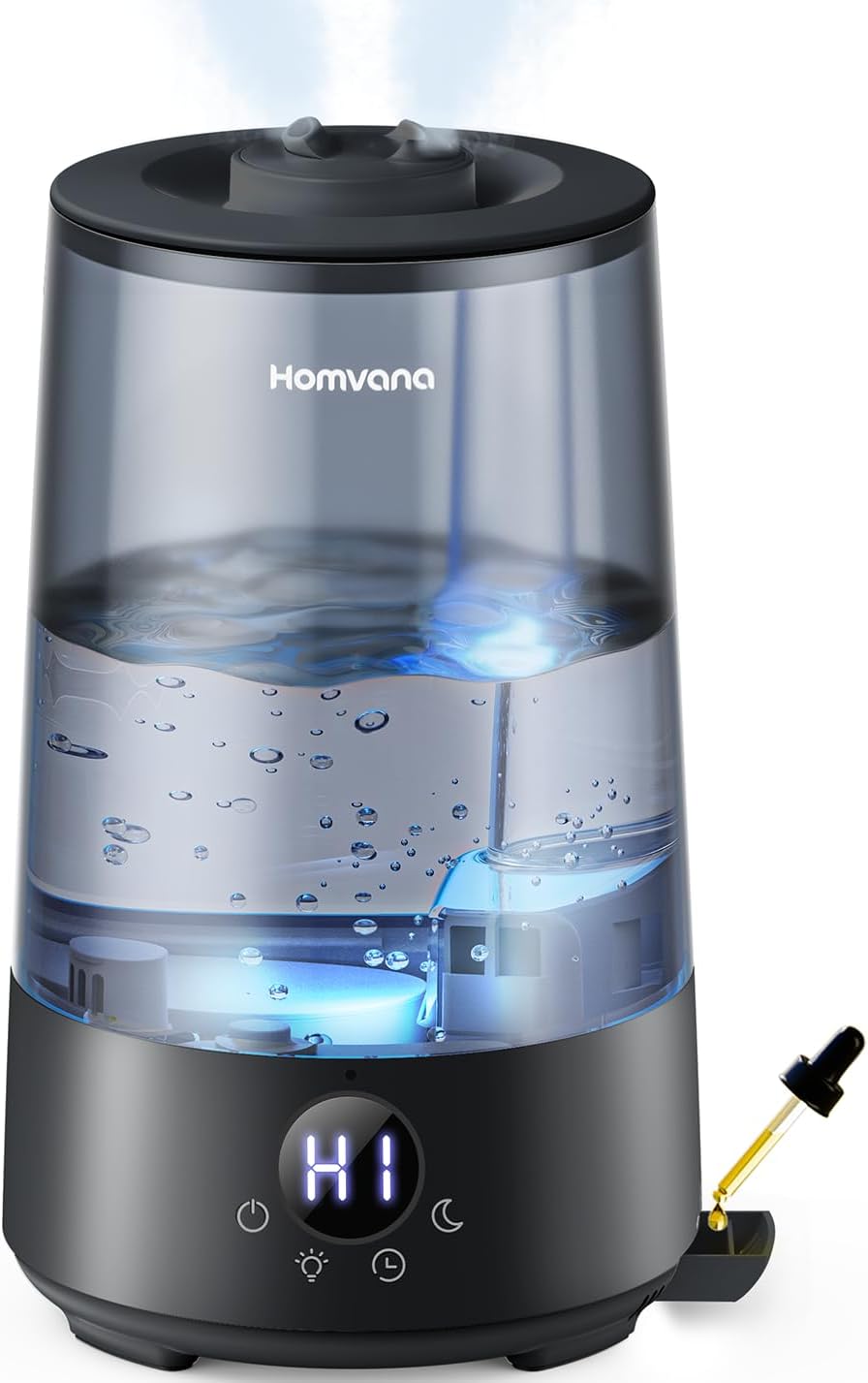 Homvana 3.6L Top-Fill Cool Mist Humidifiers for Bedroom, Large Room & Plants, 23dB Ultra-Quiet, Easy-to-Clean 2-in-1 Baby Humidifier & Oil Diffuser for Congestion Relief, Lasts Up to 4 Nights (Grey)