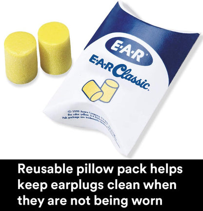 3M Ear Plugs, E-A-R Classic 310-1001, 200 Pairs of Disposable Earplugs, 1 Pair/Pillow Pack, Uncorded, Noise Reduction Rating 29 dB NRR, Foam, Regular Size, Roll Down, Yellow