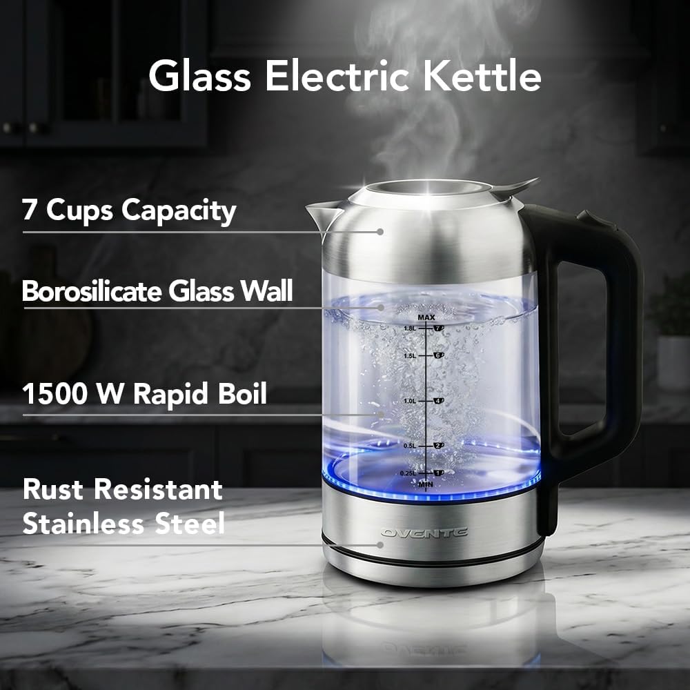 OVENTE 1.8L Glass Electric Kettle Water Boiler, Silver KG751S