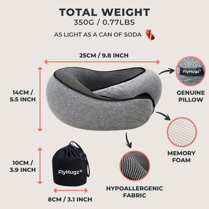 FlyHugz® Neck Travel Pillow Memory Foam Neck Pillow for Comfort on Airplane Compact and Ergonomic Design for Travel, Car Rides, and Home Use Ideal for Adults and Kids.
