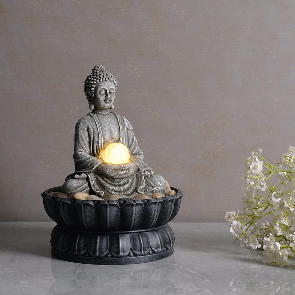 Kalona Indoor Tabletop Water Fountain – 3-Tier Resin Waterfall with LED Lights, Mini Bonsai Planter & Cascading Water Flow – Soothing Desk Fountain for Home, Office, Meditation Decor(22024)