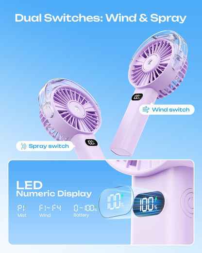 Otlonpe Handheld Misting Fan Portable, 4000mAh Rechargeable Battery Powered, Small Personal Mister Fan with Water Spray Cooling, 4-Speed Wind, LED Display, Hand Held Mist Fans for Travel Outdoor Beach