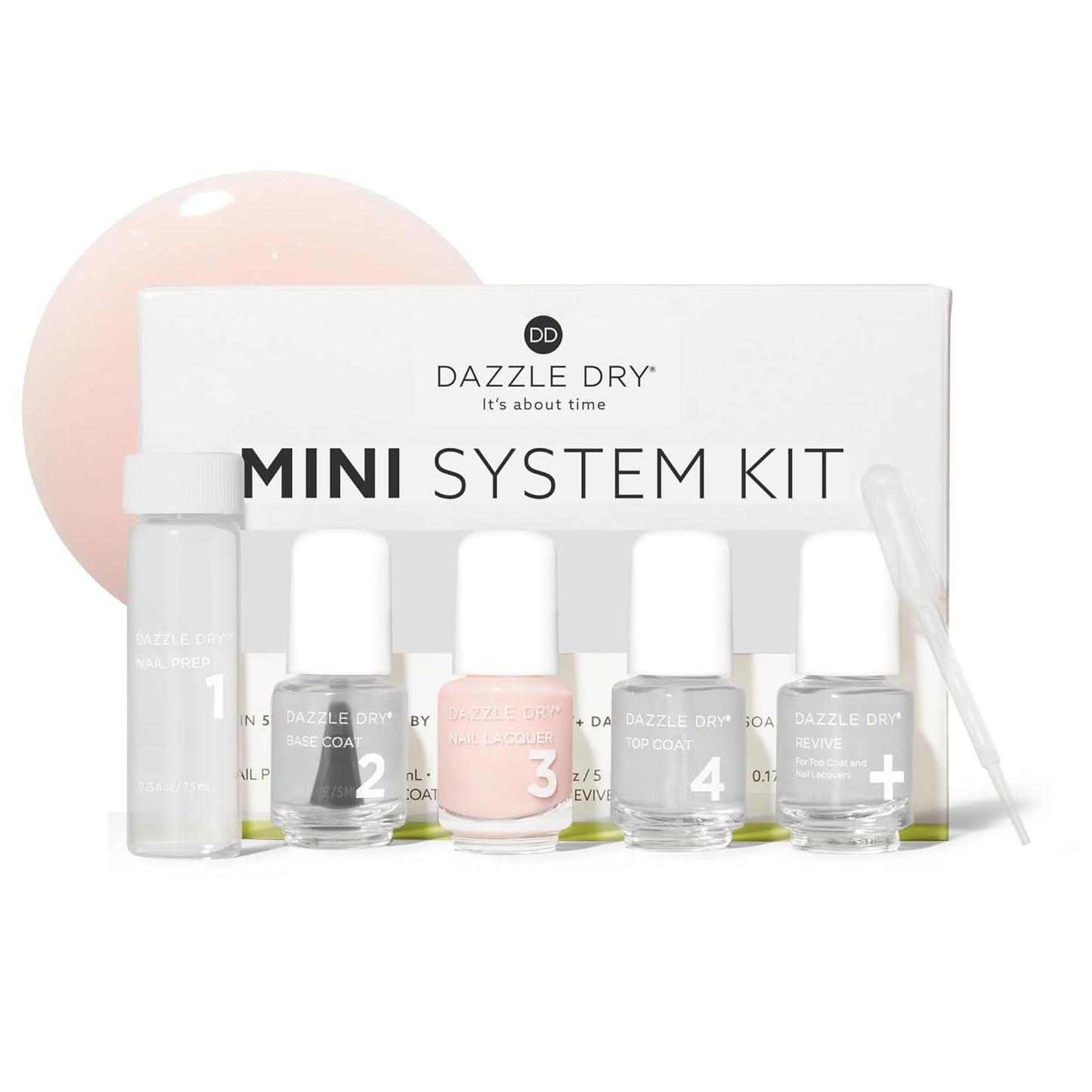 Dazzle Dry Mini Kit 4 Step System - Prima Ballerina, a sheer and milky delicate pink that makes a beautiful French base. (5 Piece Kit / 5 Manicures)