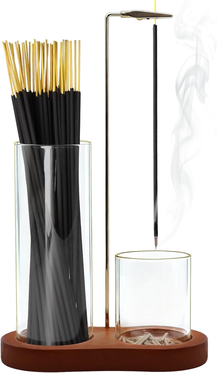 Incense Holder, 2 in 1 Incense Sticks Burner with Glass Ash Catcher & Stick Storage, Meditation Yoga Spa Gifts for Women, House Warming Gifts New Home Wooden Aesthetic Room Decor, Rustic Brown