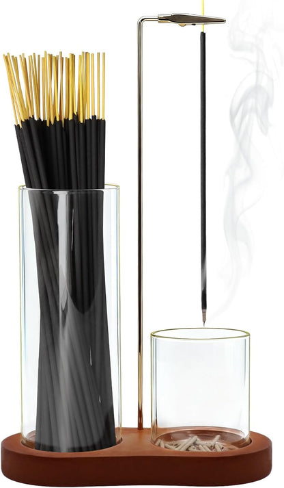 Incense Holder, 2 in 1 Incense Sticks Burner with Glass Ash Catcher & Stick Storage, Meditation Yoga Spa Gifts for Women, House Warming Gifts New Home Wooden Aesthetic Room Decor, Rustic Brown
