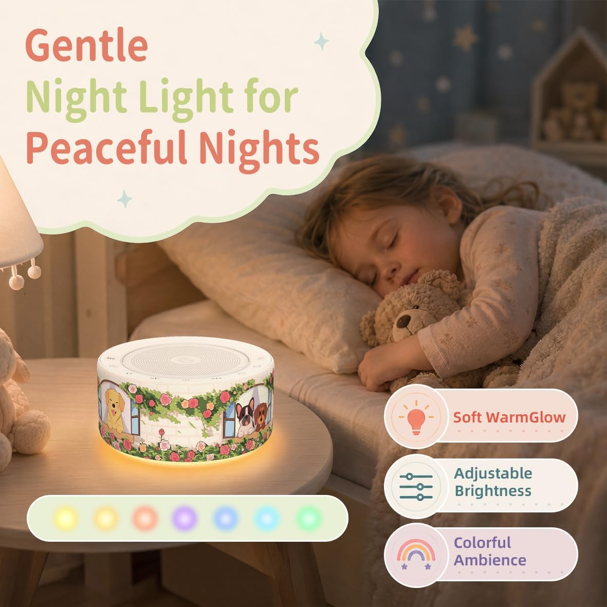 Kipcush White Noise Machine for Baby & Adults, 30 Soothing Sounds, Soft Non-Glare Nursery Lamp, 8 Color Night Lights, Memory Function (Angel V1 White, Standard)