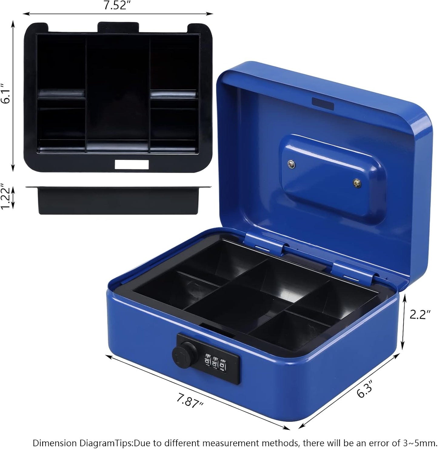 KYODOLED Cash Box with Combination Lock Safe Metal Money Box with Money Tray for Security Lock Box 7.87"x 6.30"x 3.35" Black